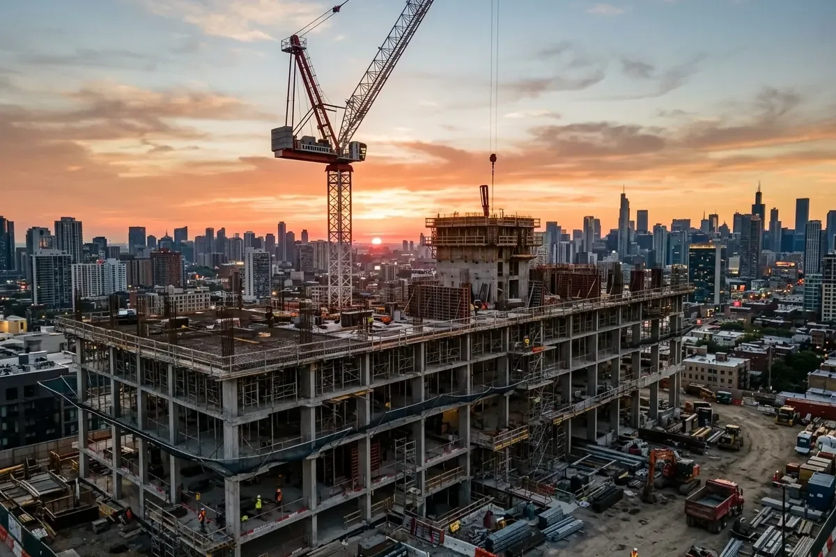 Obra de la Torre Residencial Vega en construcción con grúa torre