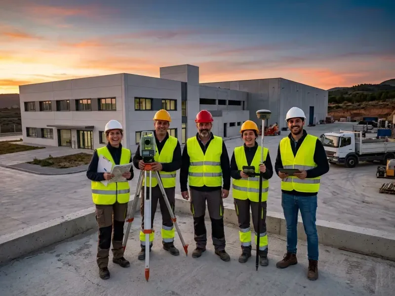 Equipo de ingenieros de BuildPro delante de una obra terminada