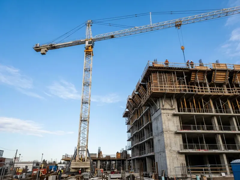 Grúa torre y encofrado de un edificio en construcción visto desde abajo