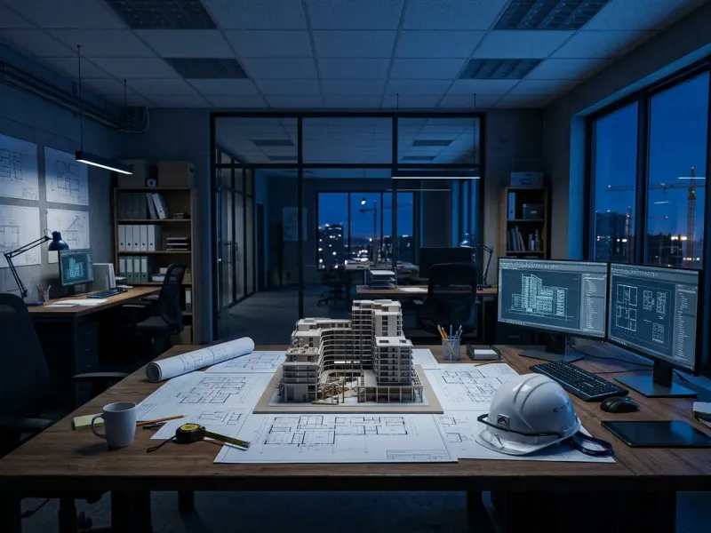 Oficinas técnicas de BuildPro con planos y maquetas